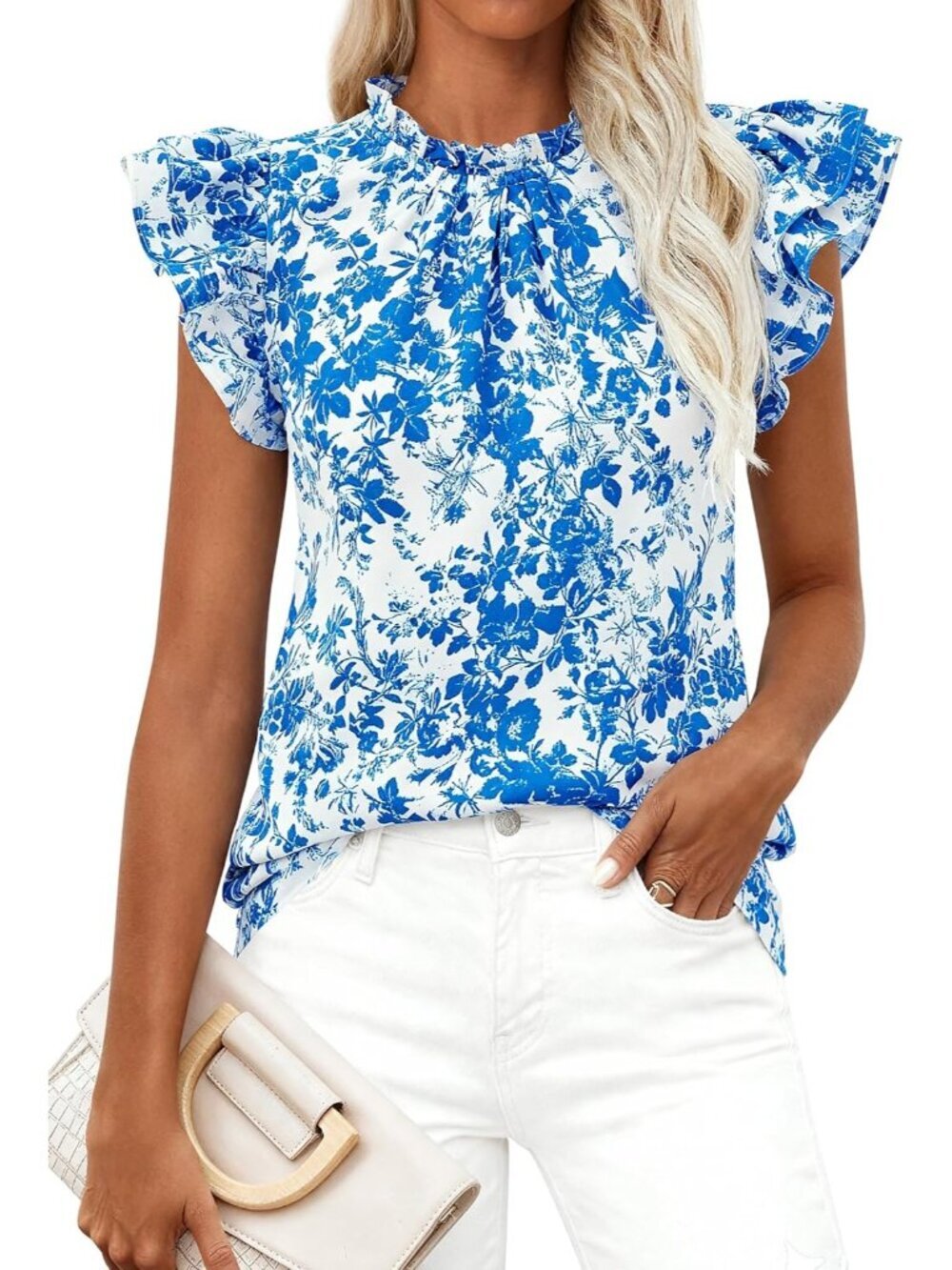 Women's Blue Leaves Ruffle Short Sleeve Floral Trim Neck Casual Top Shirt